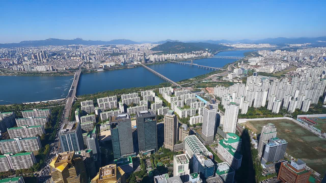 día soleado sin nubes horizonte de seúl vista del paisaje urbano junto al río desde el panorama aéreo del edificio más alto 4k timelapse corea del sur, lapso de tiempo
