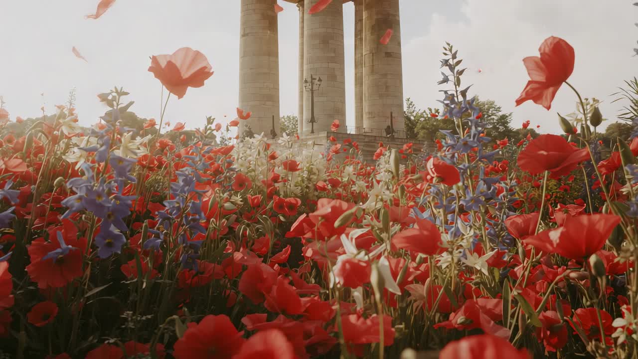 Breeze animating red poppies, blue blooms camera dollying upward revealing stone columns in meadow