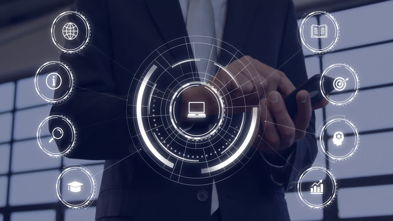 Using smartphone, businessman viewing digital network and technology icons animation