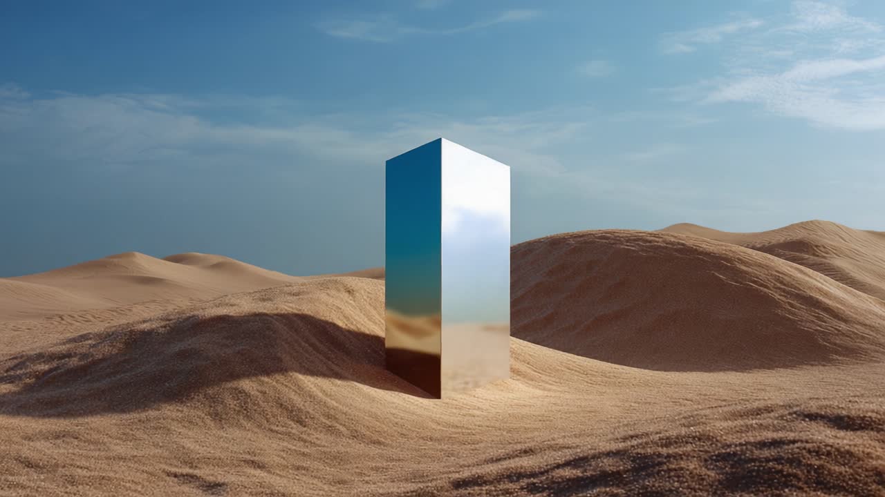 Uno specchio solitario riflette l'ampio paesaggio desertico, circondato da dune di sabbia ondulate sotto un cielo azzurro limpido, creando un'illusione ipnotizzante di infinito.