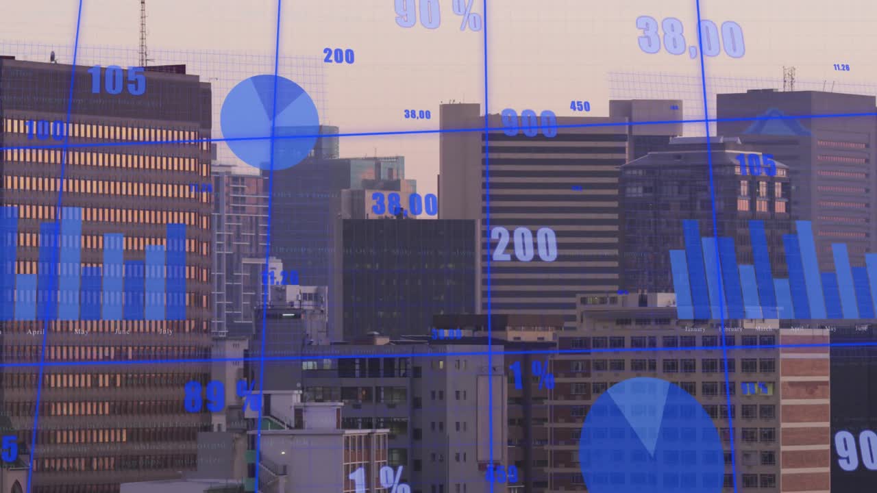 도시 풍경의 공중 전망에 대한 그리드 네트워크를 통해 통계 데이터 처리 애니메이션