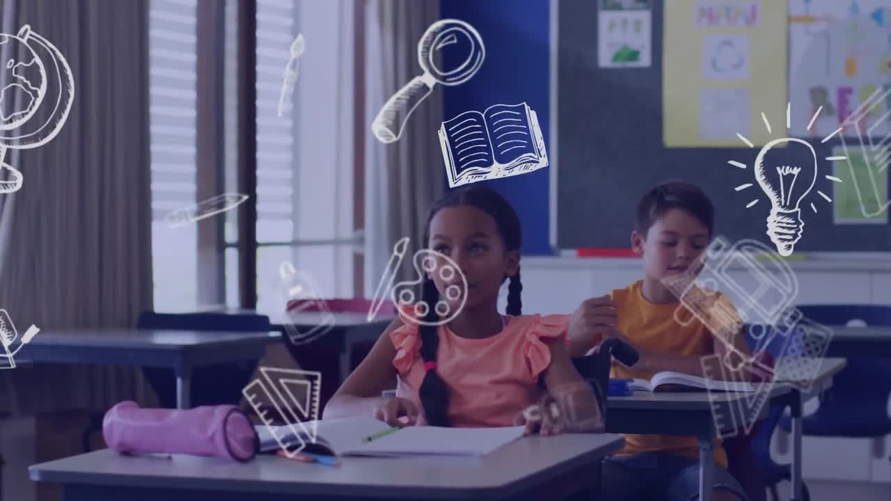 animación de los iconos de los artículos escolares sobre los escolares en el aula