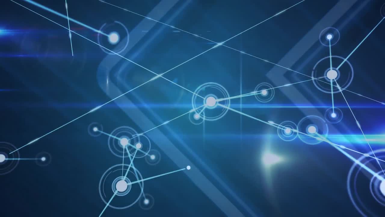 Animation of network of connections and glowing light trails against blue background