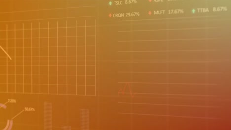 Animation-of-graphs,-trading-boards-and-computer-language-and-loading-circles-over-orange-background