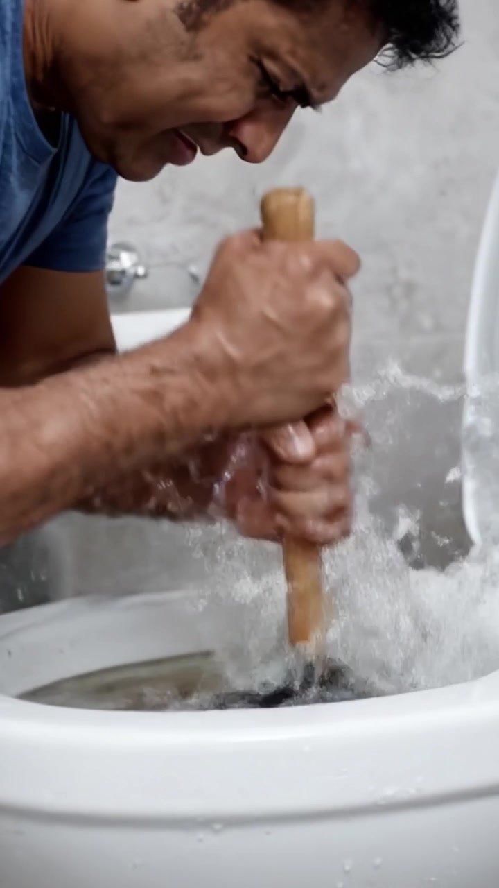 Un homme débouche résolument des toilettes avec une ventouse, éliminant habilement le bouchon et assurant le rétablissement de l'écoulement pour un environnement de salle de bain fonctionnel