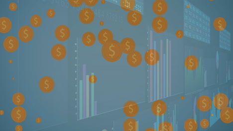animación del procesamiento de datos sobre símbolos de dólares