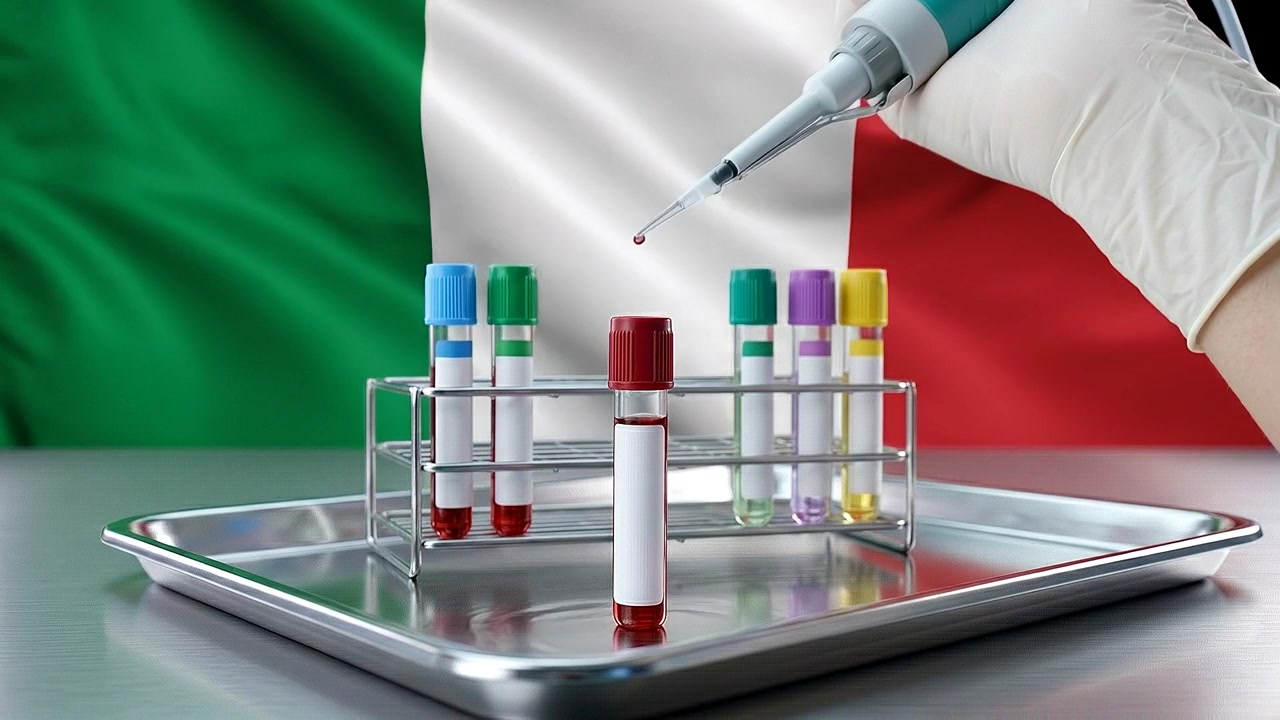 Provette assortite per la raccolta del sangue collocate in un vassoio medico su sfondo con bandiera italiana