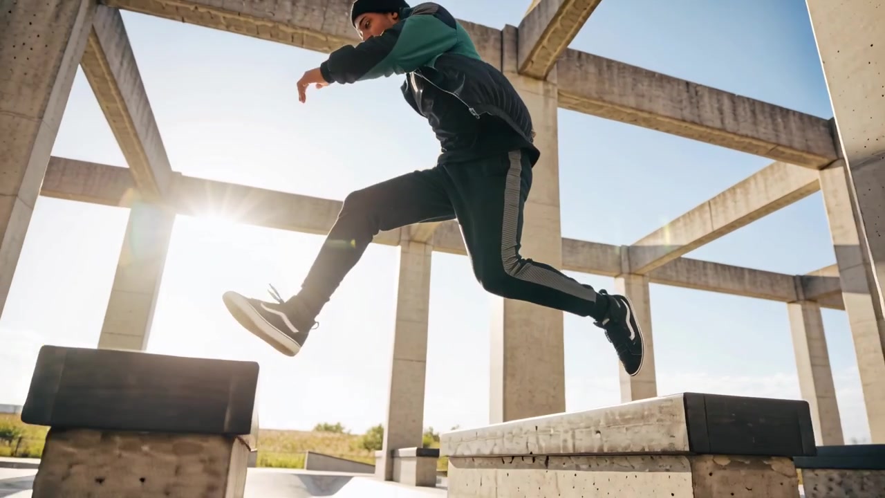 Atleta di parkour che esegue un volteggio, spingendosi da un blocco e superando pilastri in un'area urbana, allenandosi con zaino e berretto.