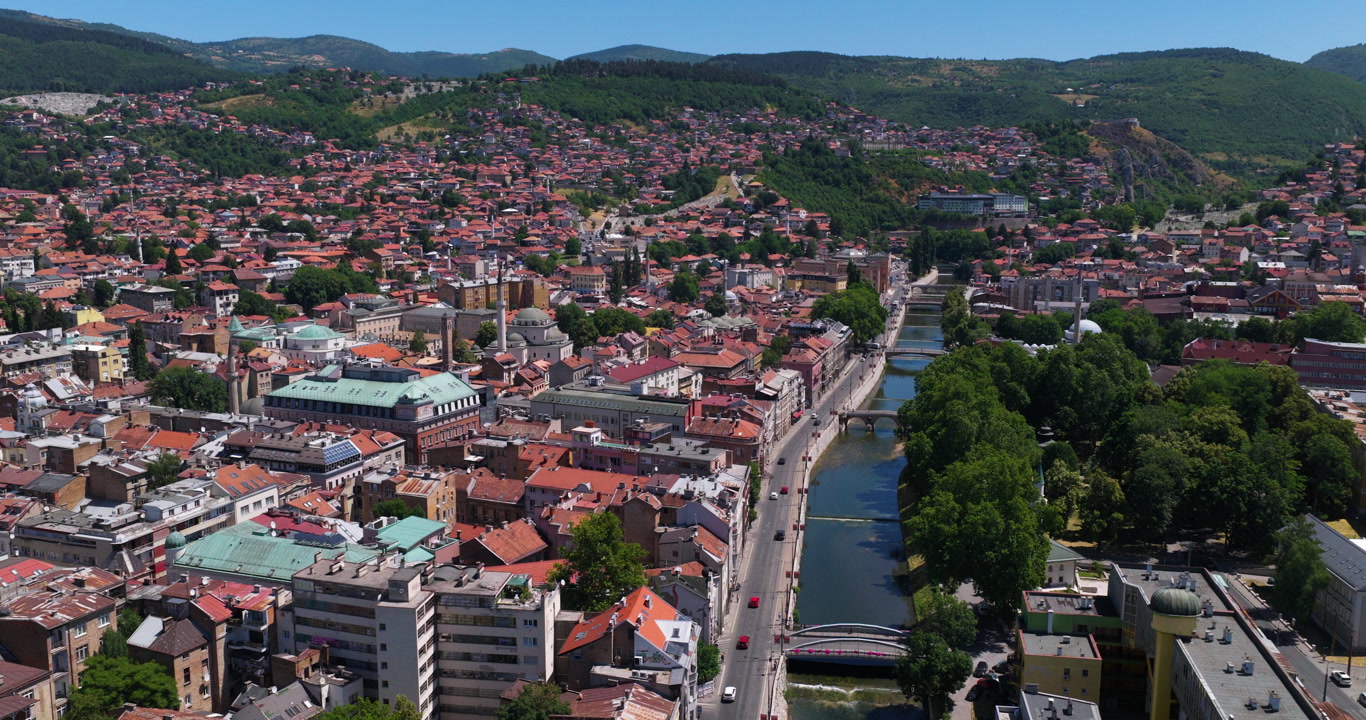 Miljacka River Along The Sarajevo City In Bosnia and Herzegovina. - aerial shot
