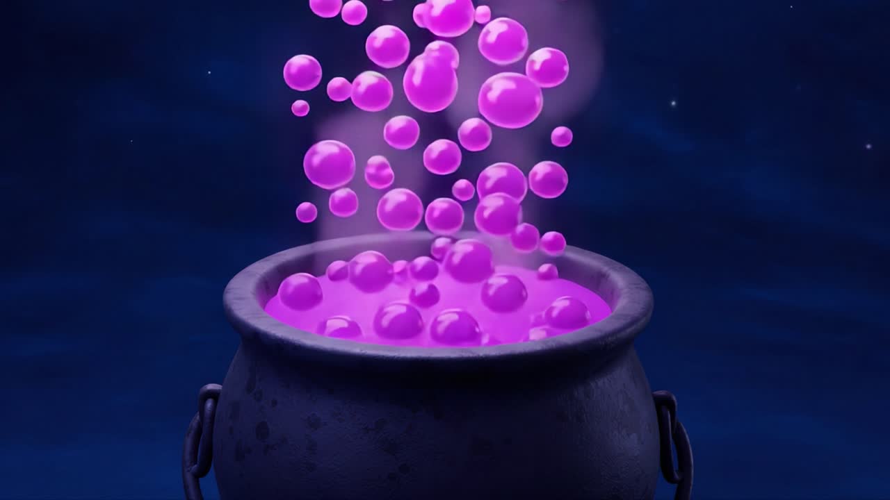 A Mysterious Cauldron Bubbling with Vibrant Purple Liquid and Enchanting Bubbles in an Otherworldly Setting, Evoking Magic and Imagination