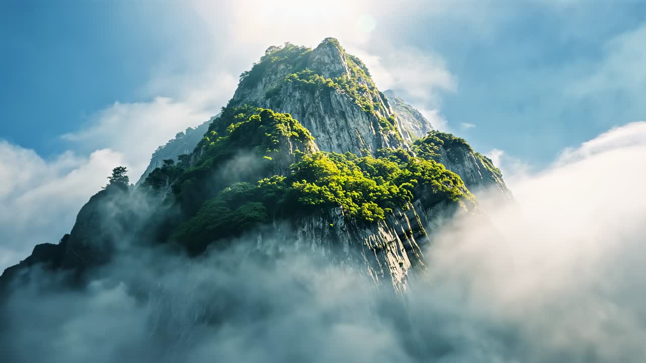 Emerging tall jagged mountain peak at high elevation, fog sinking down, sun backlighting rock faces