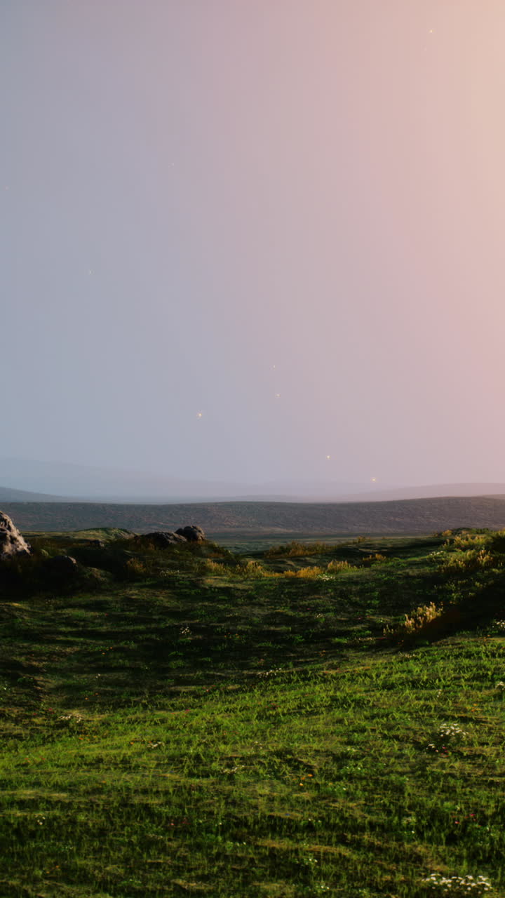 paisaje de pastizales extraños al atardecer