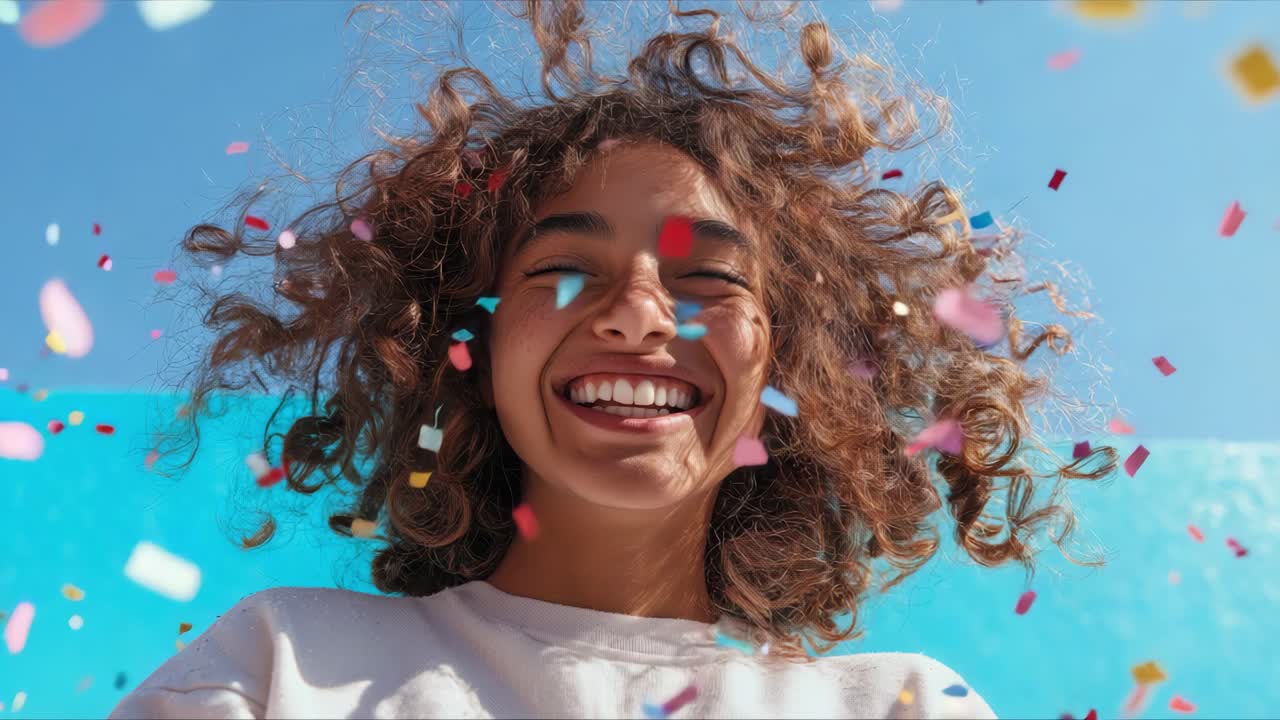 Young woman with curly hair beams with joy as colorful confetti cascades around her, creating a lively atmosphere filled with celebration and excitement