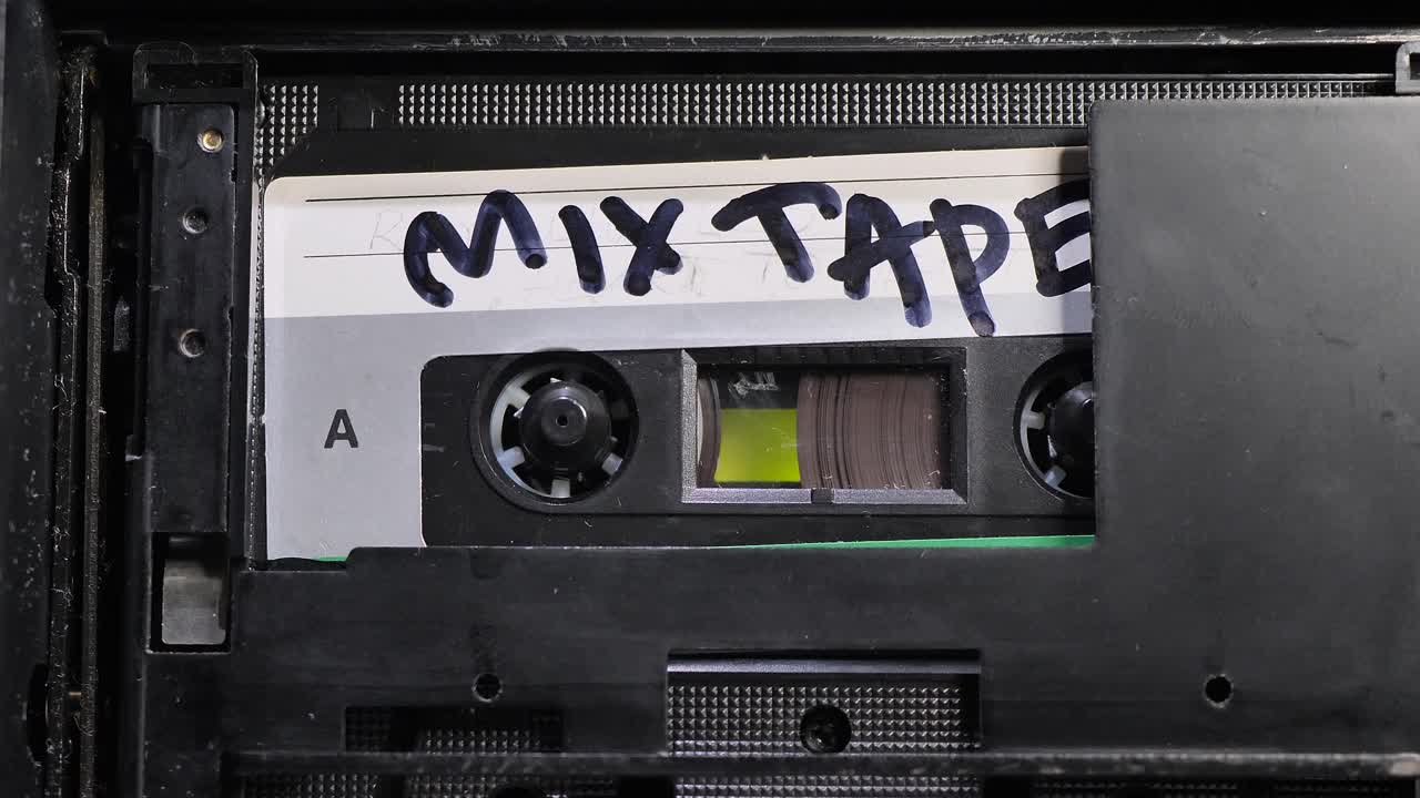 Cassette Tape. Vintage Tape Recorder Plays Audio Cassette tape inserted therein. Zoom in.