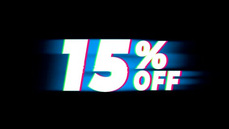 15% percent off text vintage glitch effect promotion.