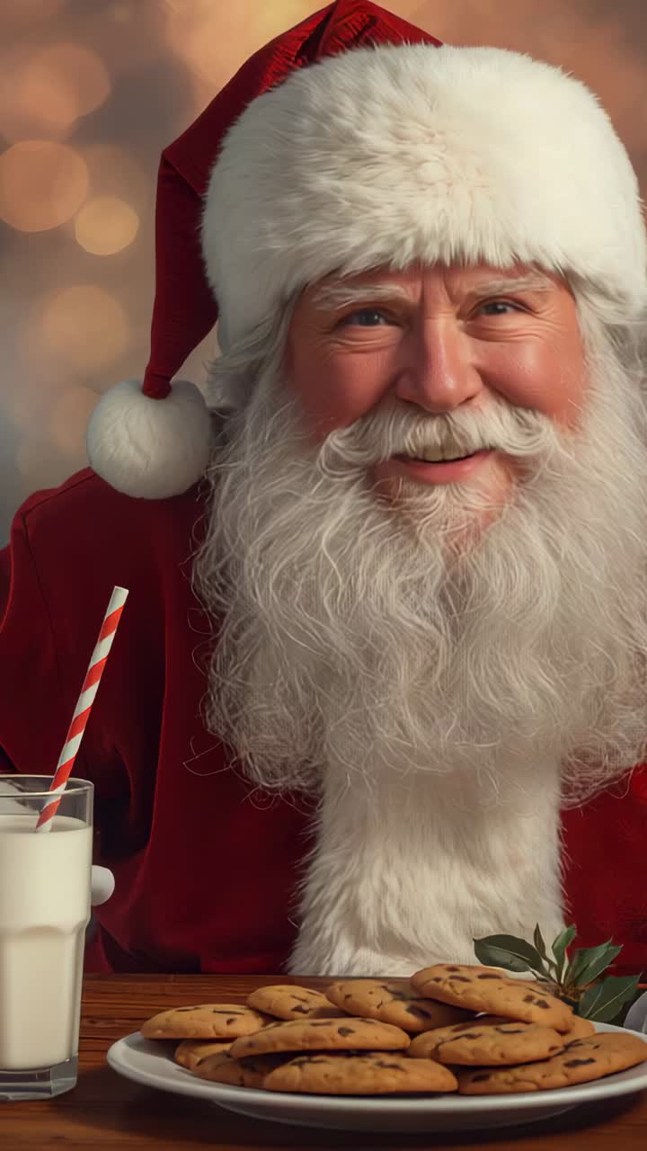 Vertical video: Recording Santa in red coat greeting viewers at table, with milk, cookies