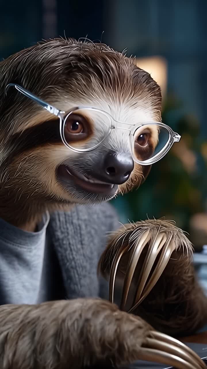 Un encantador perezoso con gafas irradia sabiduría y humor mientras posa para un retrato peculiar, encarnando un personaje juguetón en un entorno acogedor y caprichoso.