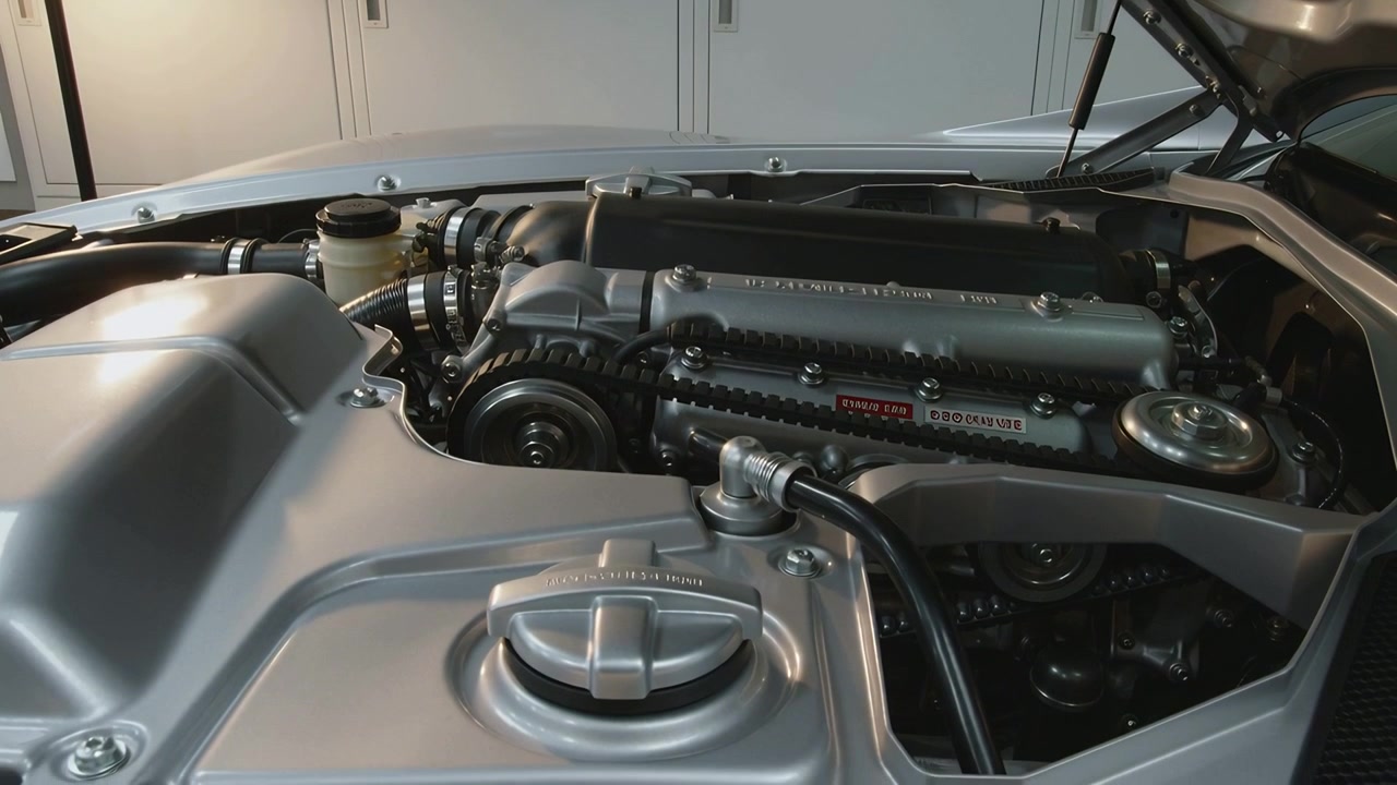 Panning camera approaching metallic engine bay at garage, revealing valve cover, oil cap, pulleys