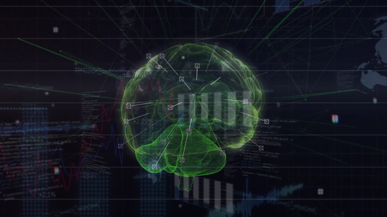 Animation of brain with network of connections and data processing on black background