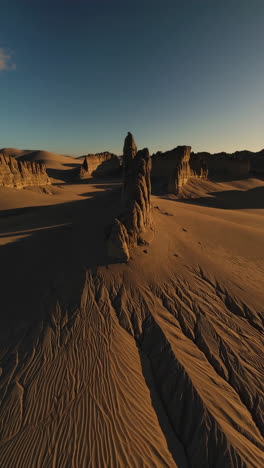 desert landscape with unique rock formations and sand dunes at golden hour