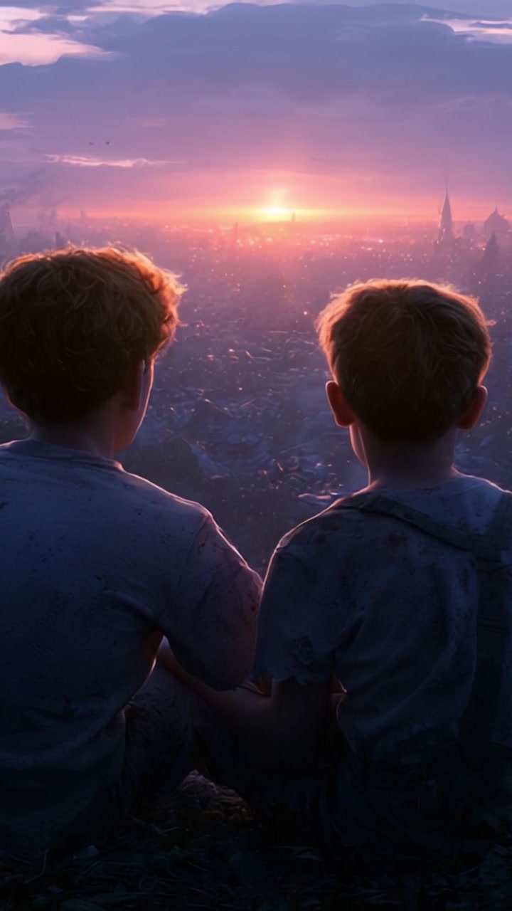 Due Ragazzi Osservano un Tramonto Incantevole su un Paesaggio Urbano Futuristico, Incantati dalla Bellezza della Natura Tra i Residui di un Passato Lontano