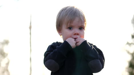 slow motion shot of toddler boy pointing away on a sunny spring day, static medium shot