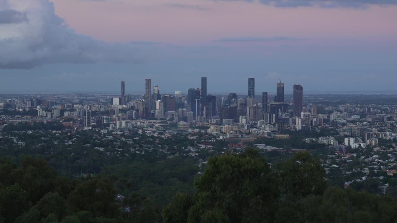 Scenic Cityscape of Brisbane, City skyline with huge skyscrapers during sunrise sunset.