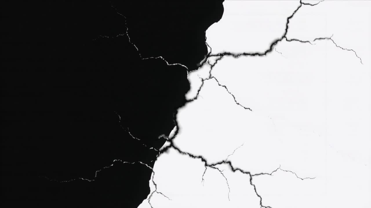 Starting first frame jagged fracture seam spreading into white region, with thin bright outlines