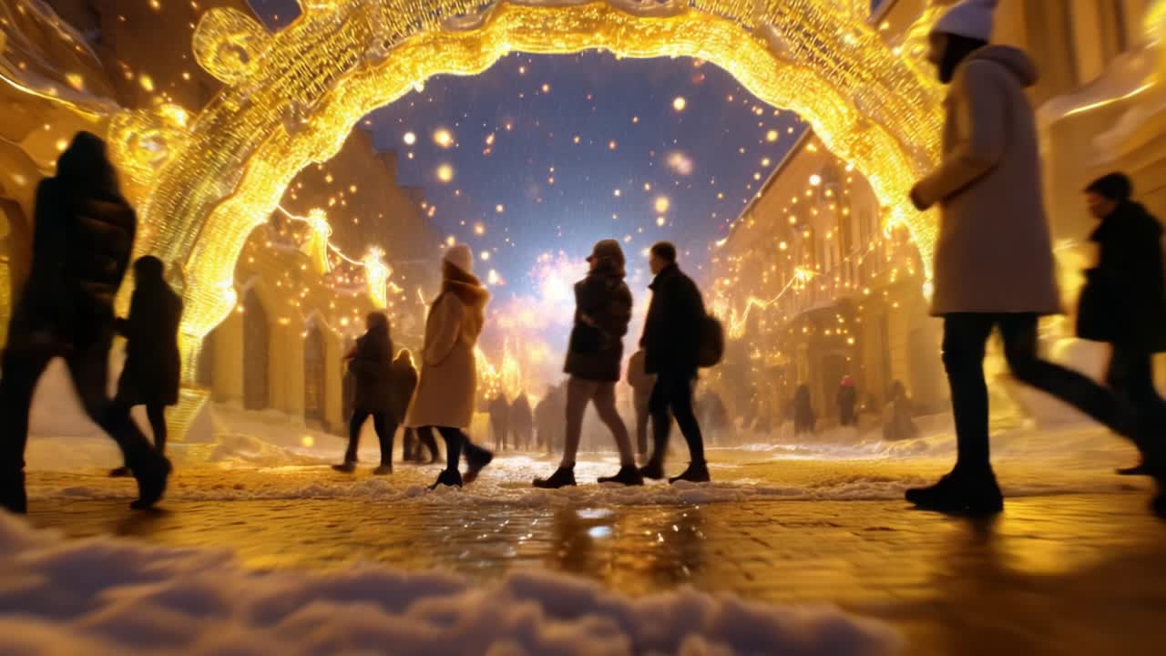 Strolling Through a Magical Winter Wonderland: People Walking Under a Glimmering Archway of Lights and Snowflakes, Creating a Captivating Scene Full of Holiday Spirit and Joyful Atmosphere