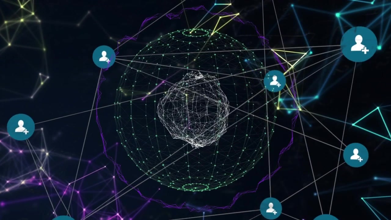 Animation af netværk af forbindelser med ikoner over sort baggrund og globus