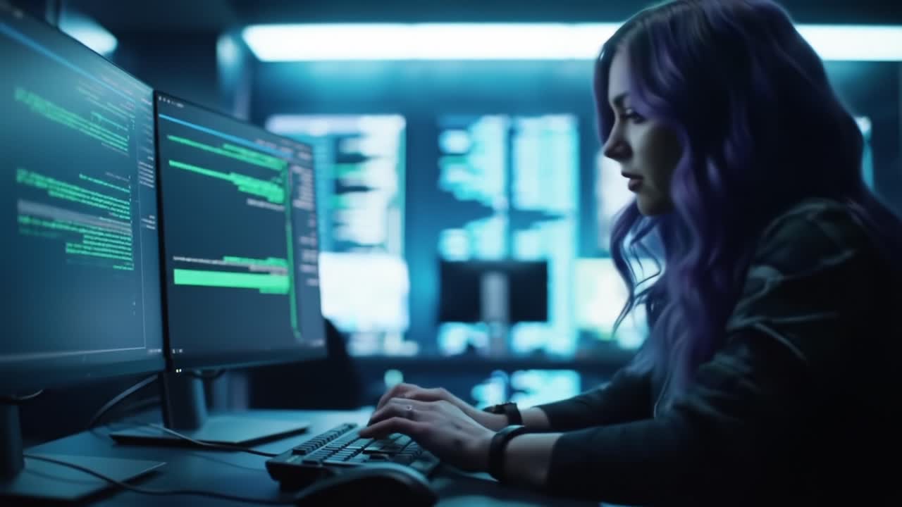 A Skilled Programmer Analyzing Complex Code and Data in a Dimly Lit Tech Environment, Highlighting the Intricacies of Modern Software Development and Cybersecurity Challenges