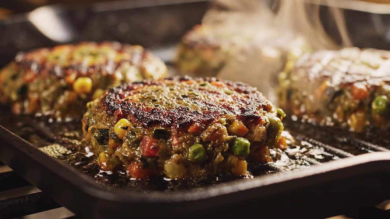 Sizzling Vegetable Burger Patties Cooking on a Hot Grill Pan