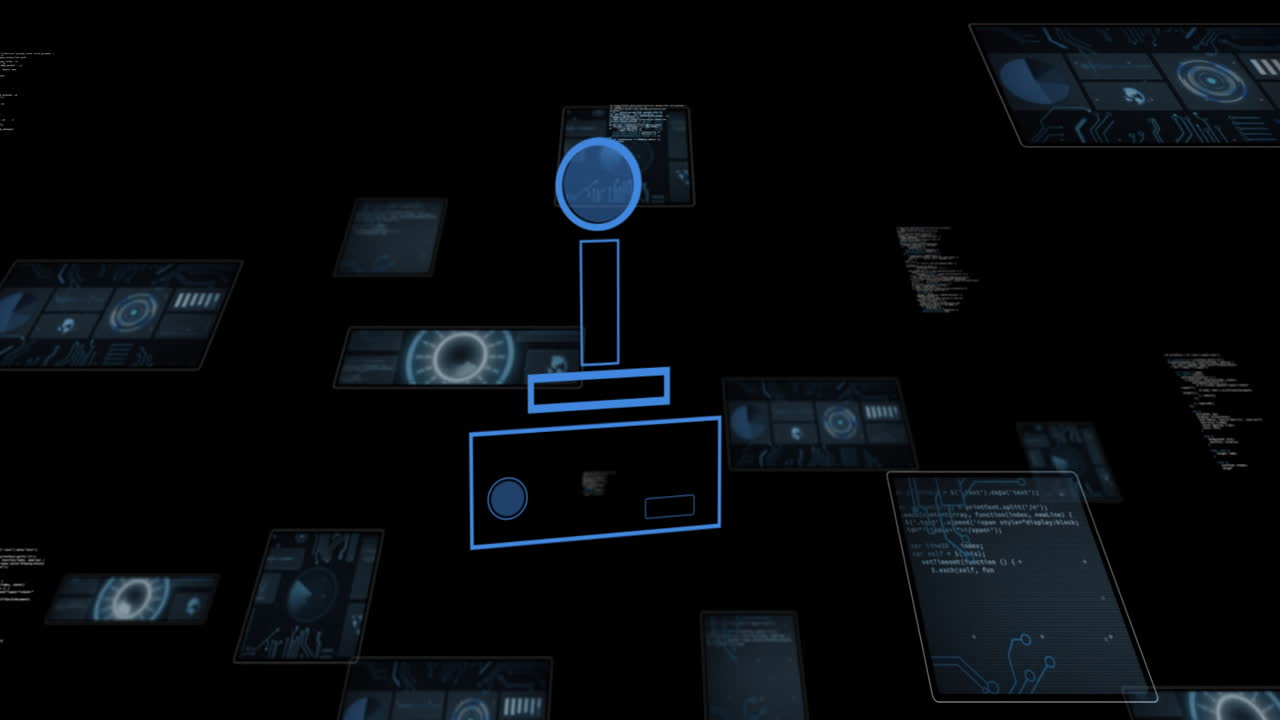 Floating blue geometric shapes and data screens on digital animation interface