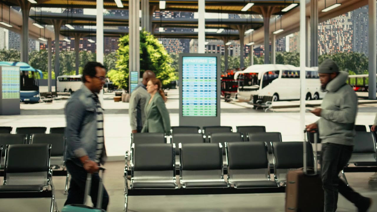Folla di viaggiatori nella moderna sala della stazione in attesa delle partenze a lunga percorrenza