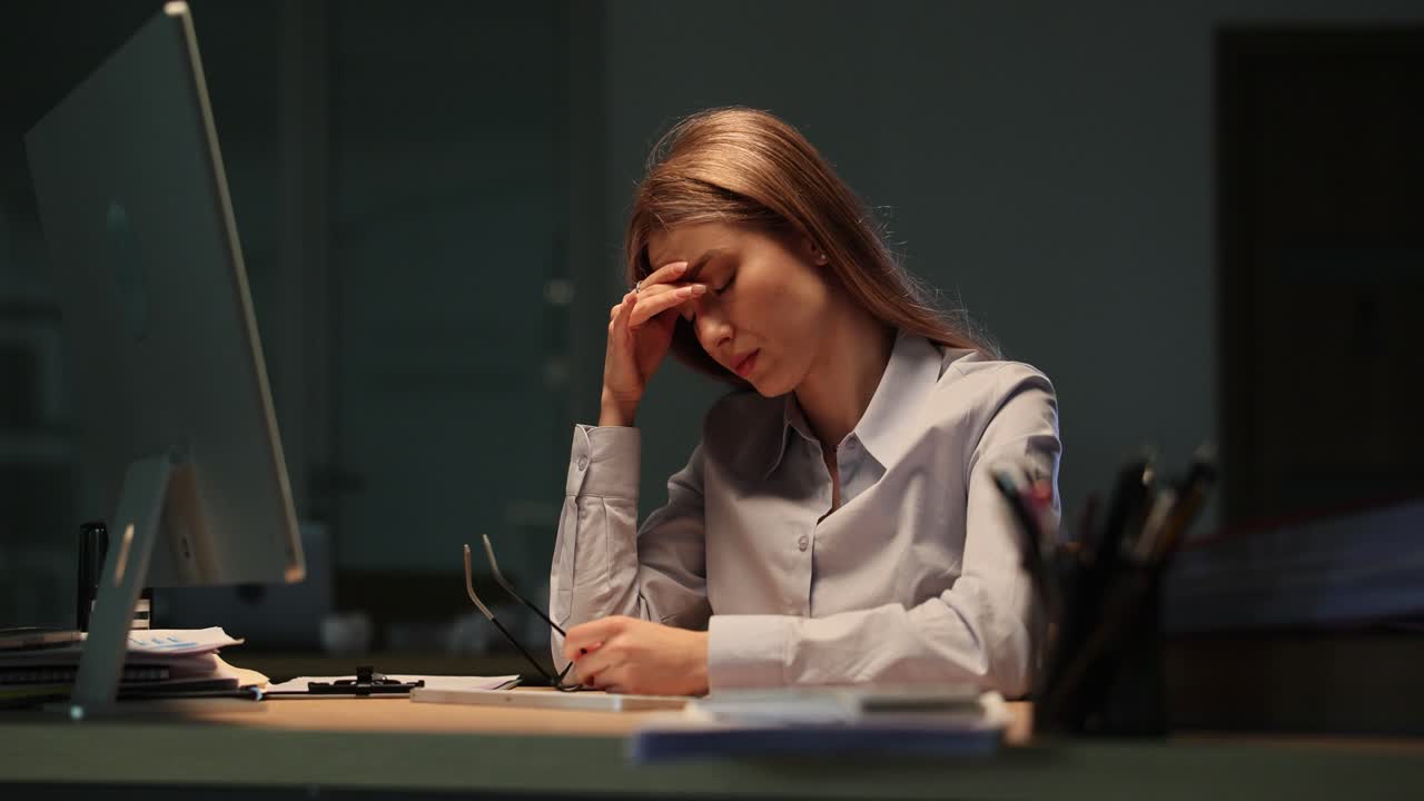 Affaticata donna d'affari che sta vivendo un burnout mentre lavora fino a tardi in ufficio