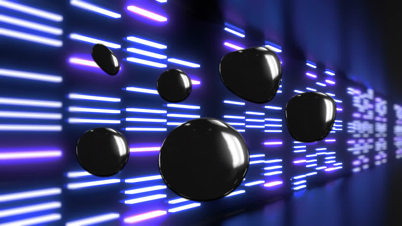 Glossy black 3D blobs floating in futuristic corridor, glowing with blue and purple neon light bars