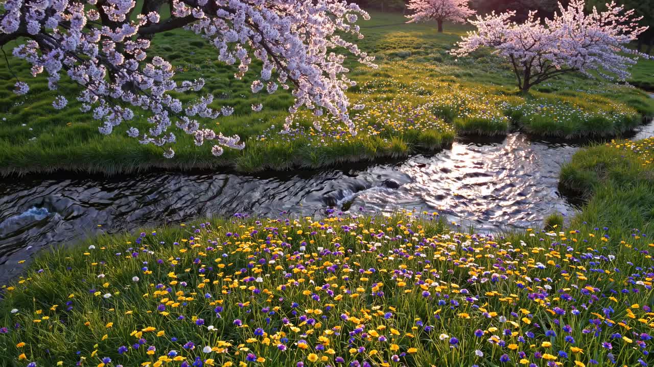 Aerial view of a serene spring landscape with cherry blossoms, a flowing stream, and vibrant