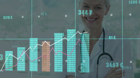 smiling medical professional with financial data and graphs animation in background