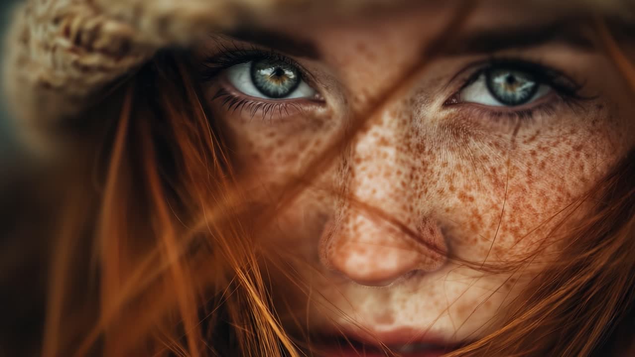 Intense Close-Up Portrait of a Freckled Individual with Striking Green Eyes and Flowing Red Hair Blown by the Wind, Emphasizing Natural Beauty and Raw Emotion