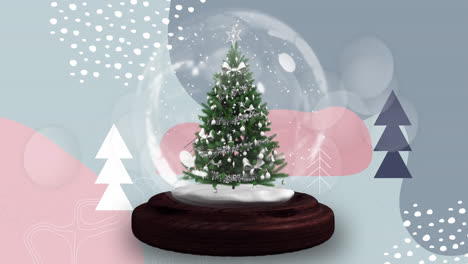 shooting star around christmas tree in a snow globe against abstract shapes on grey background