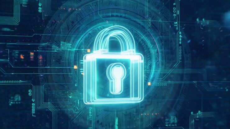 Futuristic digital lock graphic, top-down angle, ideal for cybersecurity video content