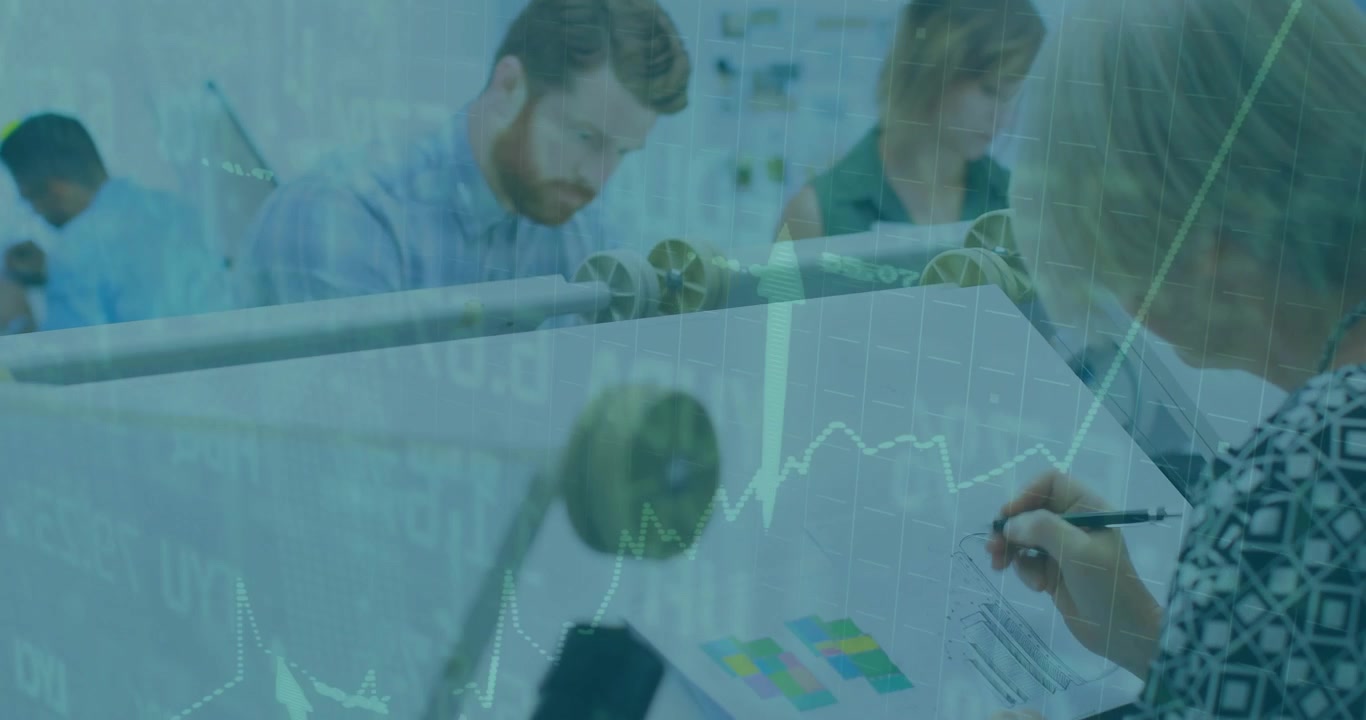 Foreground woman bringing pen to chart in finance office, overlay arrows rising while analyzing