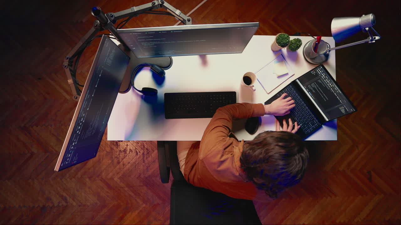 vista de arriba hacia abajo de un desarrollador hiperactivo que sufre de tdah, haciendo multitarea