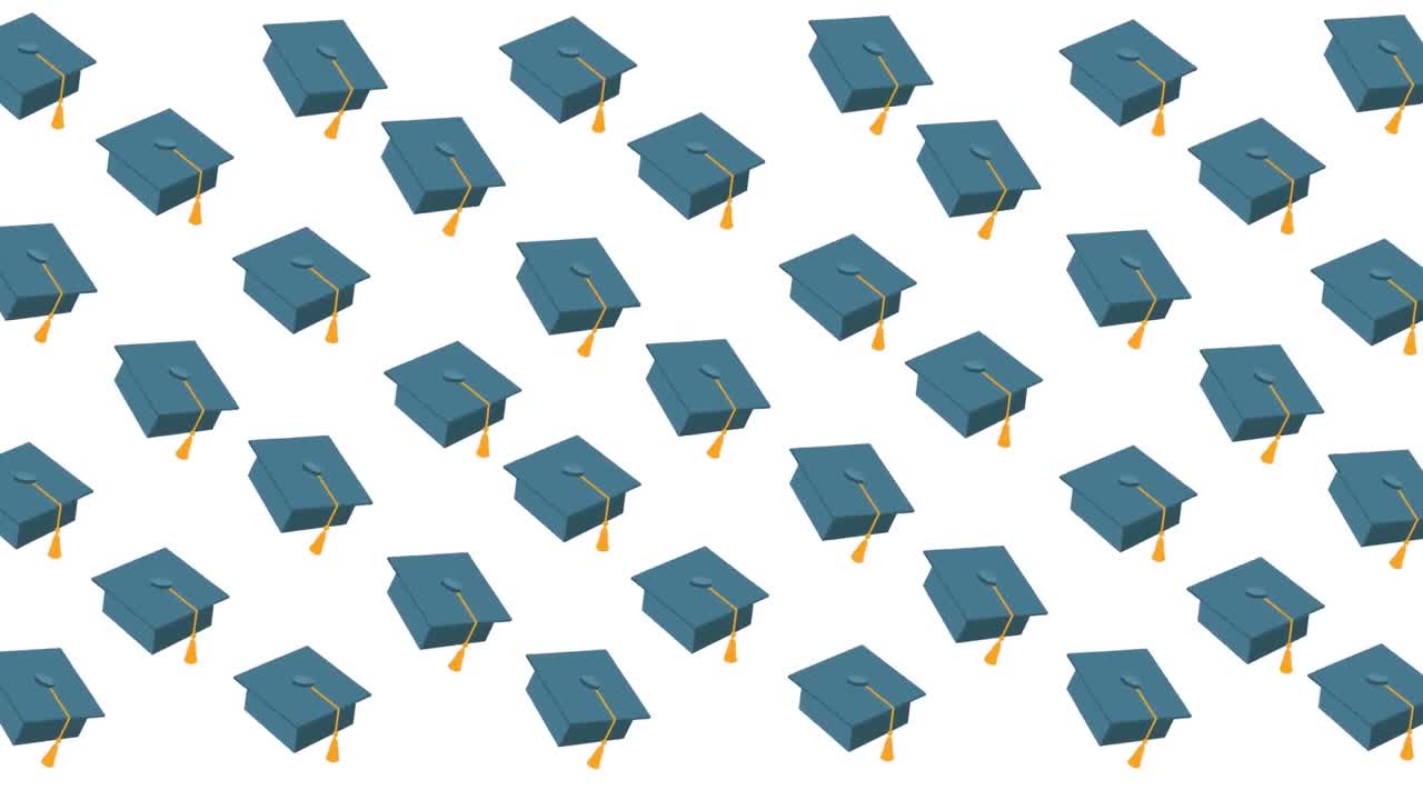Animazione di file di cappelli da laurea, quaderni e materiale scolastico su sfondo bianco