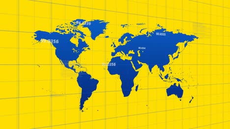 Animation-of-numbers-and-data-processing-over-blue-world-map-on-yellow-background