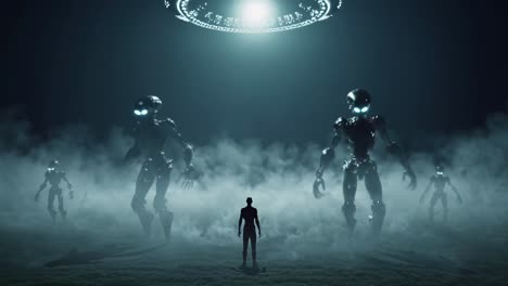 human facing giant alien robots in a foggy field with a ufo