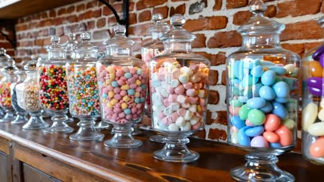 a row of glass jars filled with lots of different colored candies