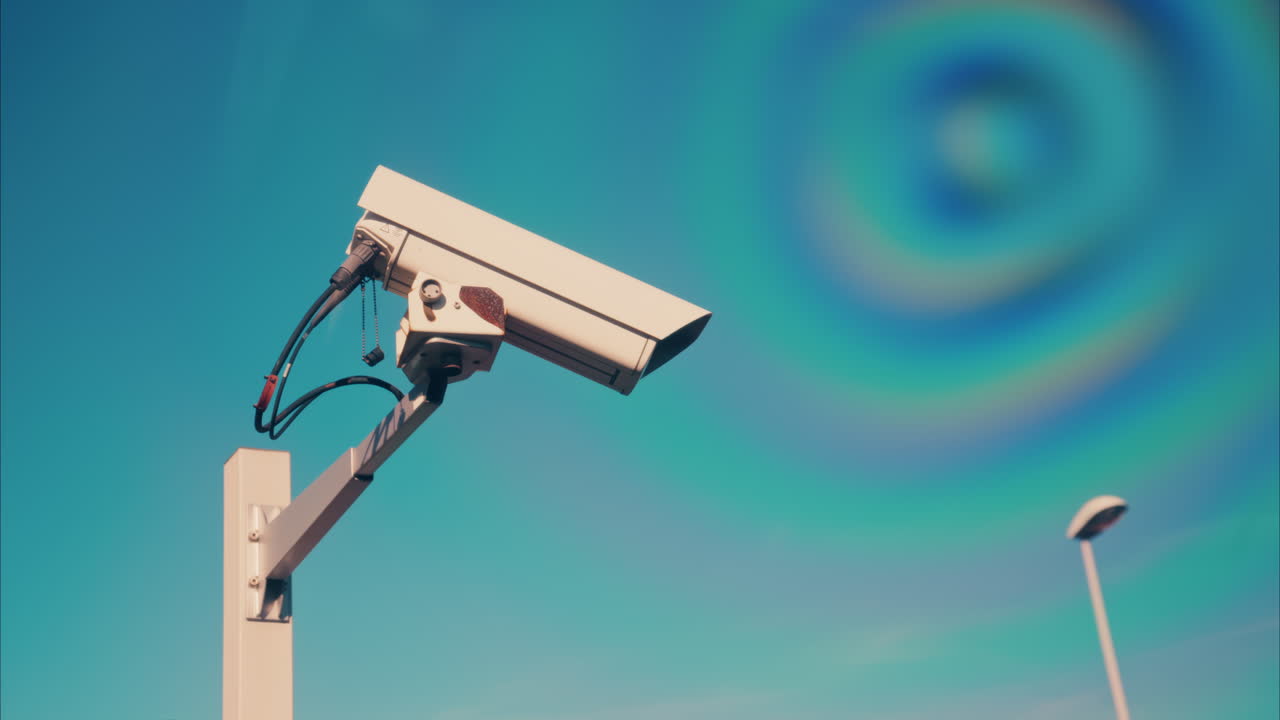 Close up of a white surveillance camera on a pole with the blue sky on the background