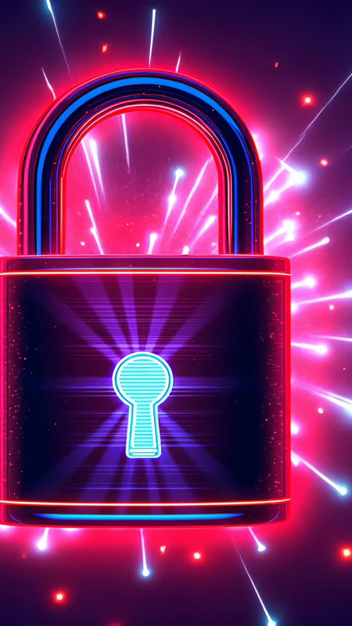 Vertical video: Initiating neon padlock glowing keyhole pulsing pink blue flares on red backdrop