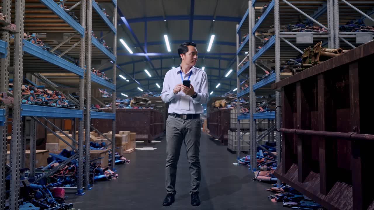 Ritratto a figura intera di un lavoratore professionista asiatico con il suo smartphone, in un magazzino industriale di rottami metallici e riciclaggio. Osserva l'ambiente circostante prima di concentrarsi sul suo smartphone.